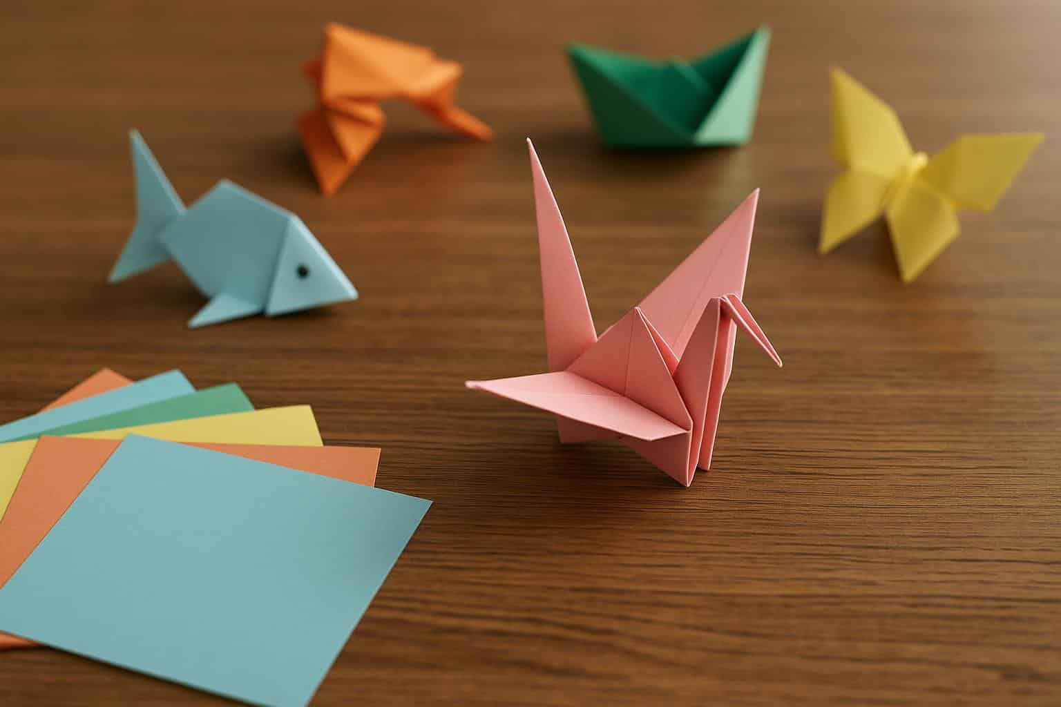 Colorful origami paper cranes and animals arranged on a table, showcasing creative folding designs