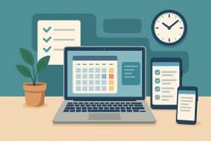 Digital productivity tools and apps on laptop and smartphone for better organization and efficiency