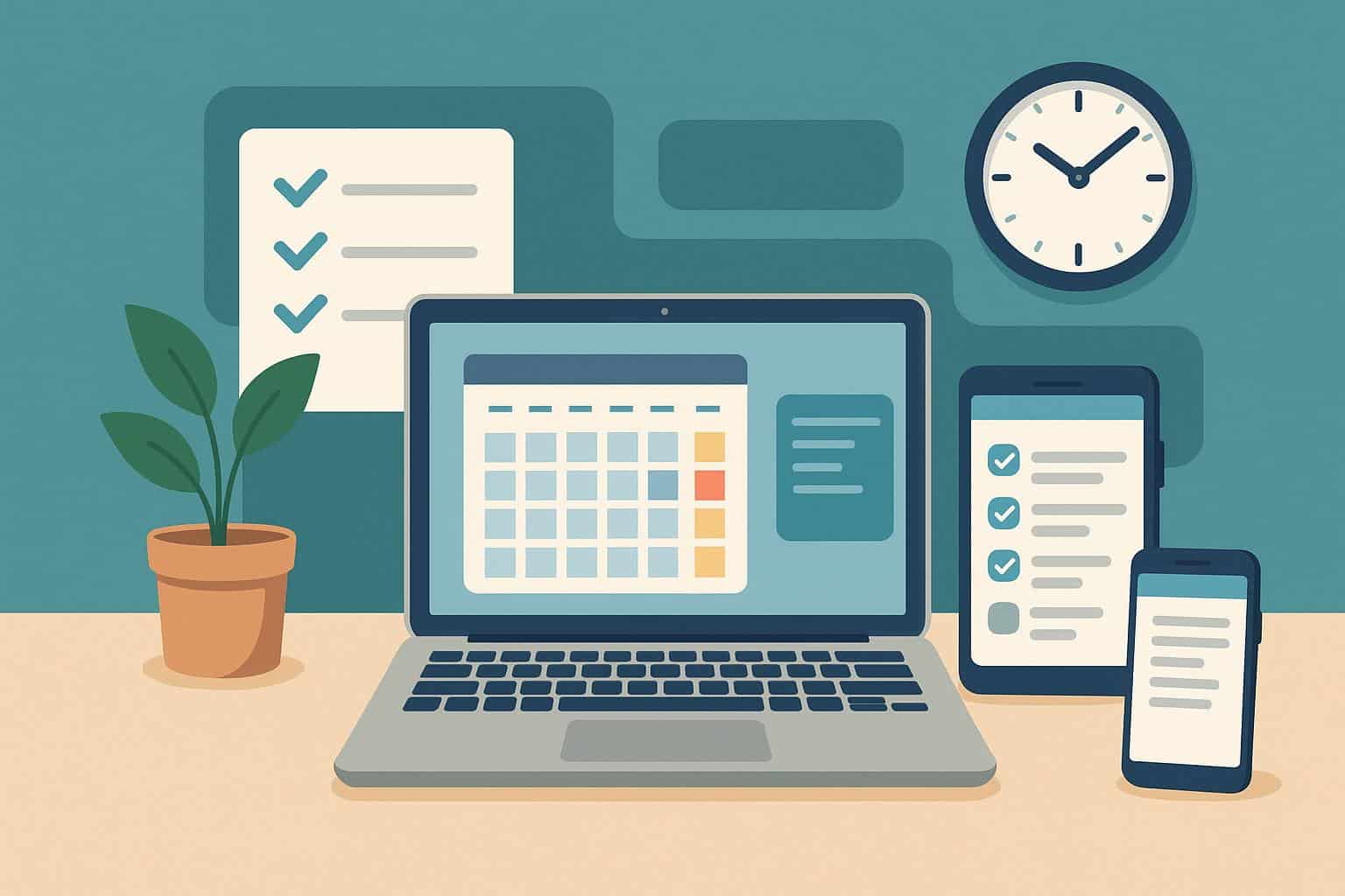 Digital productivity tools and apps on laptop and smartphone for better organization and efficiency