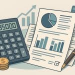 Digital settlement calculator with financial charts representing future financial planning.