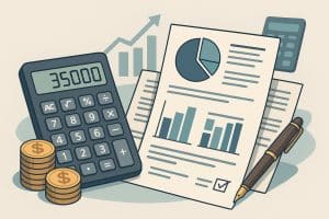 Digital settlement calculator with financial charts representing future financial planning.