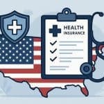 Health insurance policy documents and stethoscope representing USA health insurance coverage
