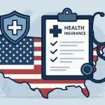 Health insurance policy documents and stethoscope representing USA health insurance coverage