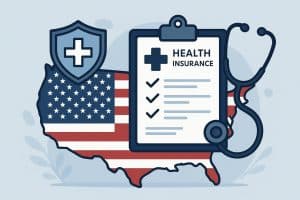 Health insurance policy documents and stethoscope representing USA health insurance coverage