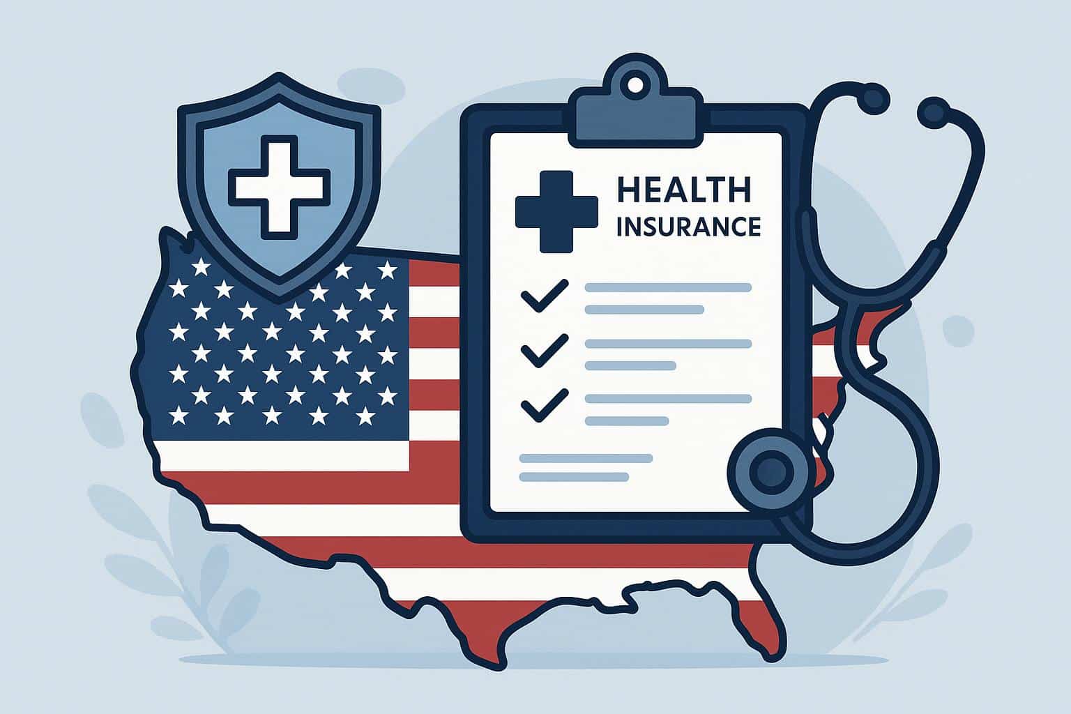 Health insurance policy documents and stethoscope representing USA health insurance coverage