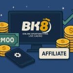 Earnings growth concept with RM1,000 cash, laptop, and BK8 Affiliate dashboard for beginners