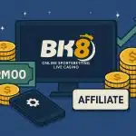 Earnings growth concept with RM1,000 cash, laptop, and BK8 Affiliate dashboard for beginners