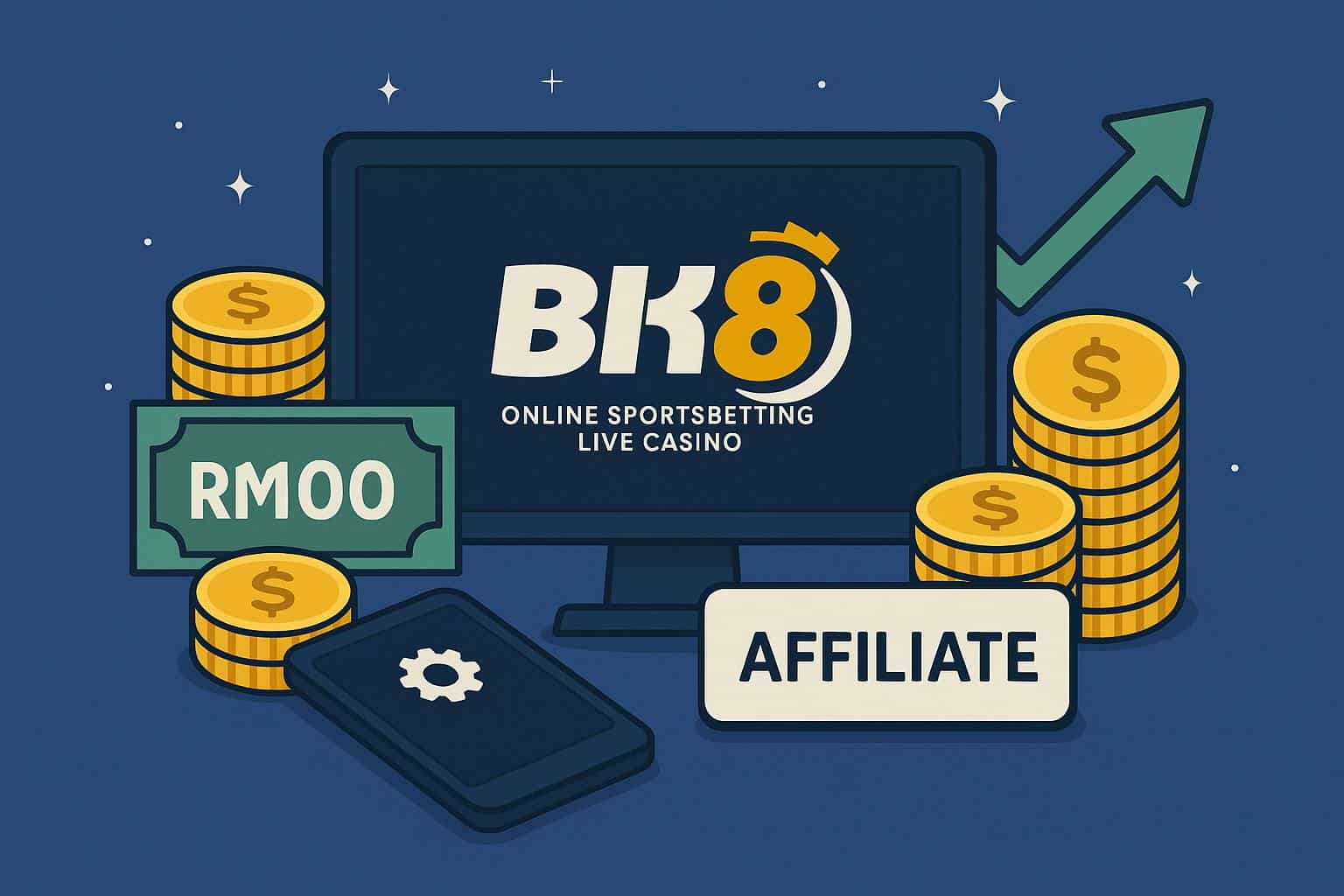 Earnings growth concept with RM1,000 cash, laptop, and BK8 Affiliate dashboard for beginners