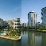 Aerial view contrasting The Continuum and River Green condominium developments in urban setting