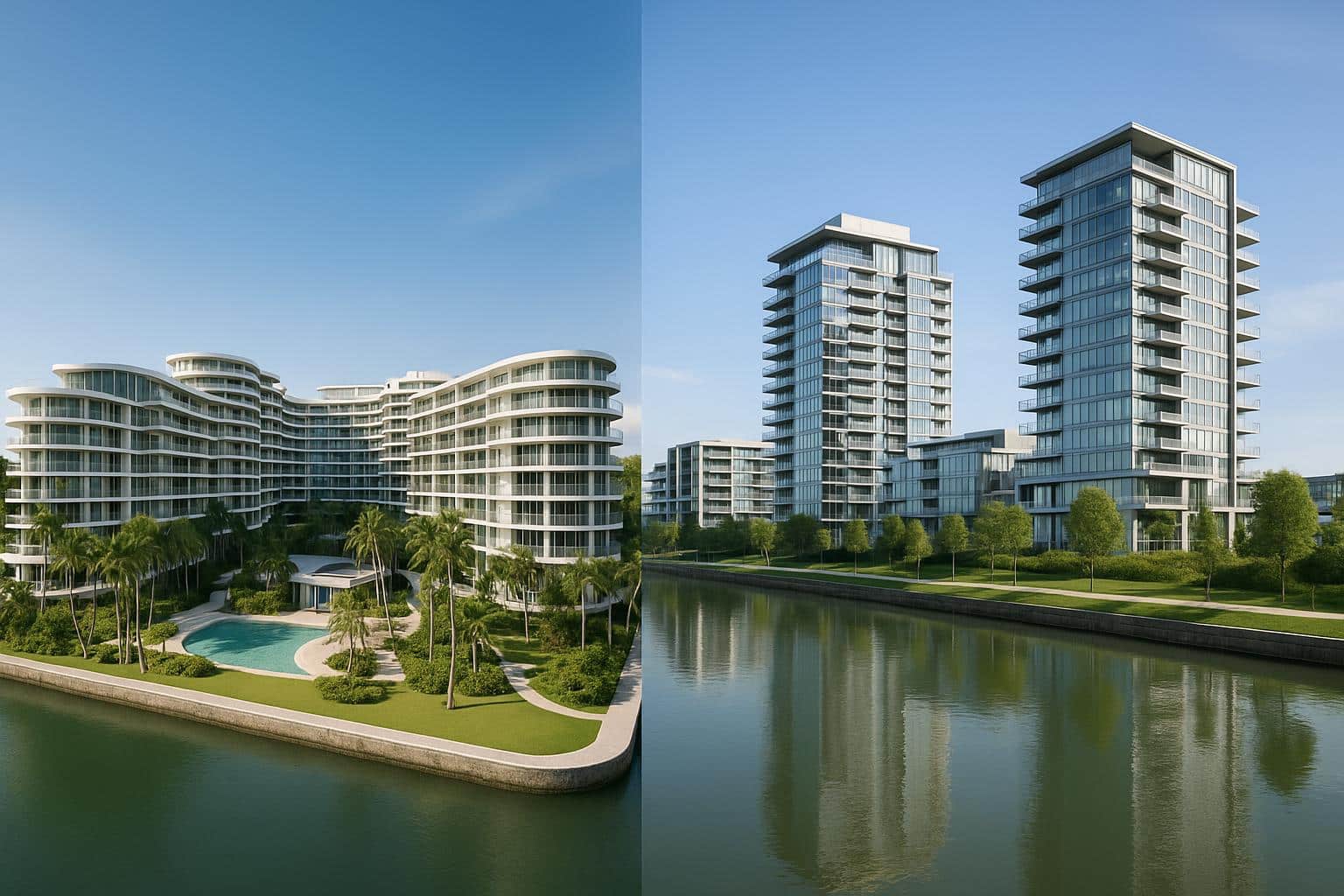 Aerial view contrasting The Continuum and River Green condominium developments in urban setting