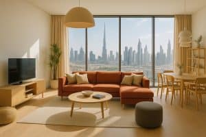 Modern Dubai co-living apartment featuring stylish interiors and shared luxury amenities