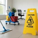 Professional cleaners sanitizing a modern office in New Jersey for commercial cleaning services