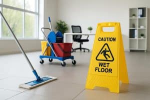 Professional cleaners sanitizing a modern office in New Jersey for commercial cleaning services