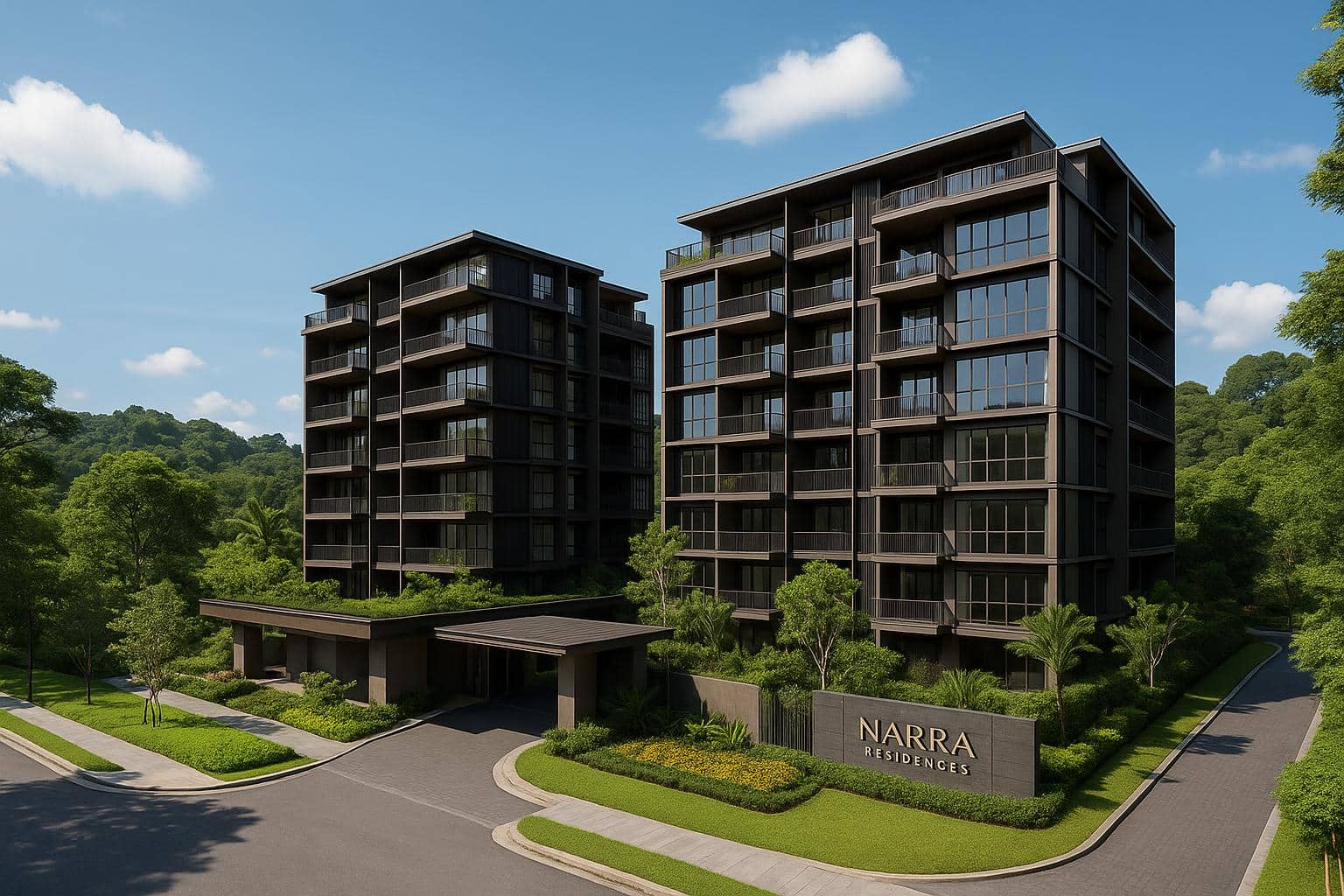 Narra Residences modern exterior in Dairy Farm Walk, Singapore, surrounded by lush greenery