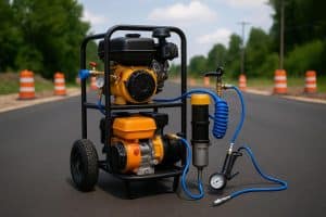 Portable air–power–pump rig equipment setup for mobile crews in field operation settings