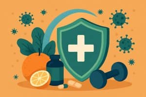 Fresh fruits, vegetables, and vitamins arranged to represent boosting immune system naturally