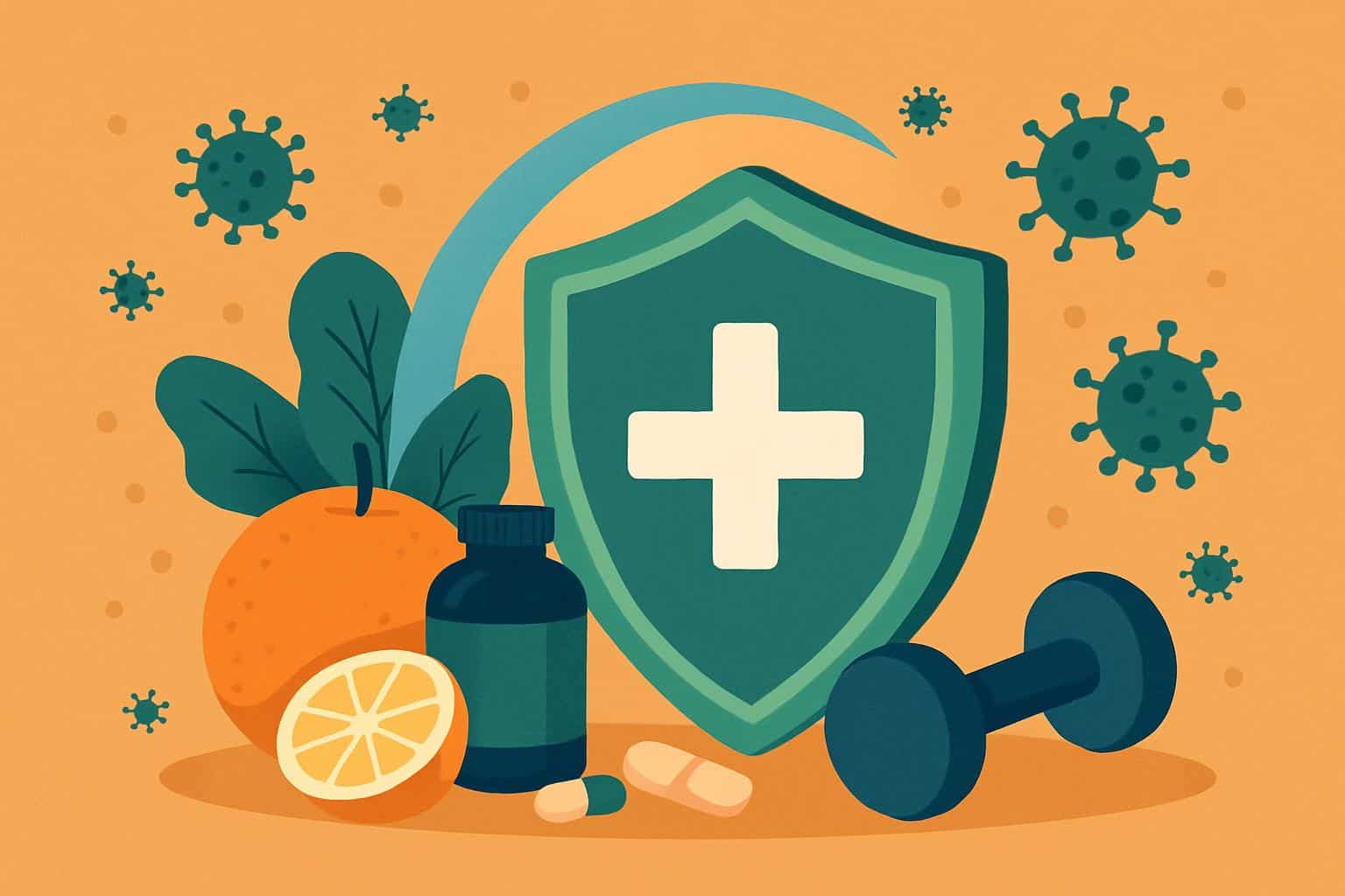 Fresh fruits, vegetables, and vitamins arranged to represent boosting immune system naturally