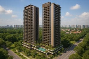 Modern Lentor Gardens Residences surrounded by lush greenery in Singapore urban setting