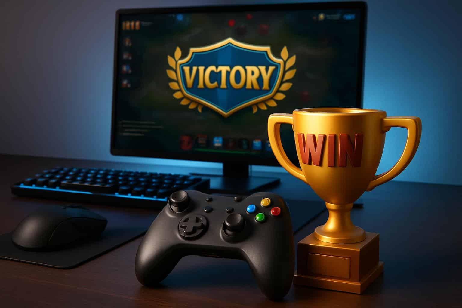 Gaming controller and headset on desk with glowing computer screen, representing online gaming tips