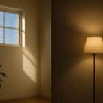 Modern living room balancing sunlight through windows with stylish artificial lighting fixtures