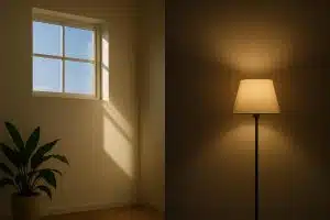 Modern living room balancing sunlight through windows with stylish artificial lighting fixtures