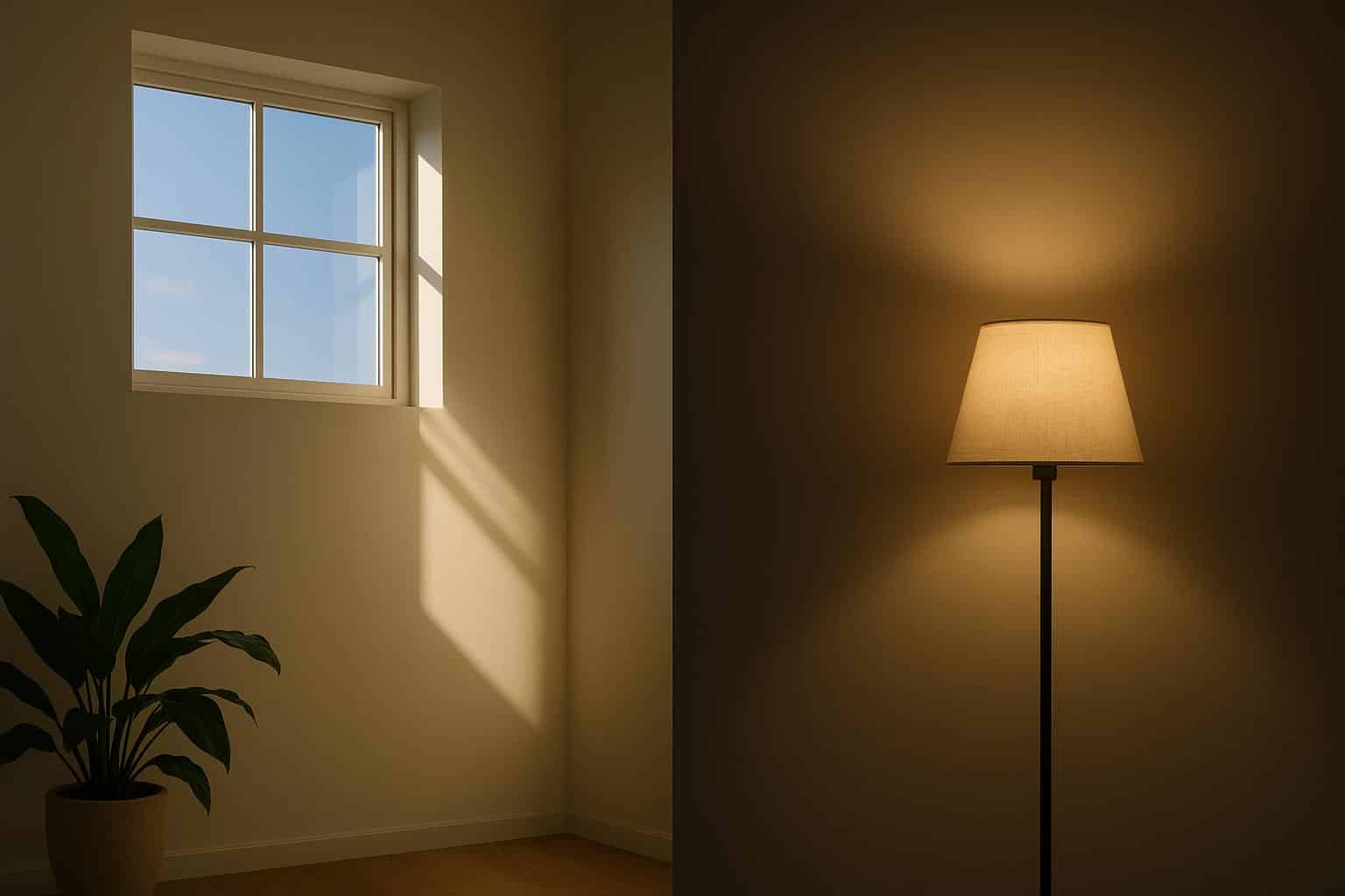 Modern living room balancing sunlight through windows with stylish artificial lighting fixtures