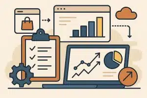 Digital tools and data charts illustrating future trends in product management innovation