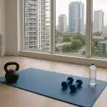 Condo-friendly home workout setup with yoga mat, resistance bands, and dumbbells on the floor