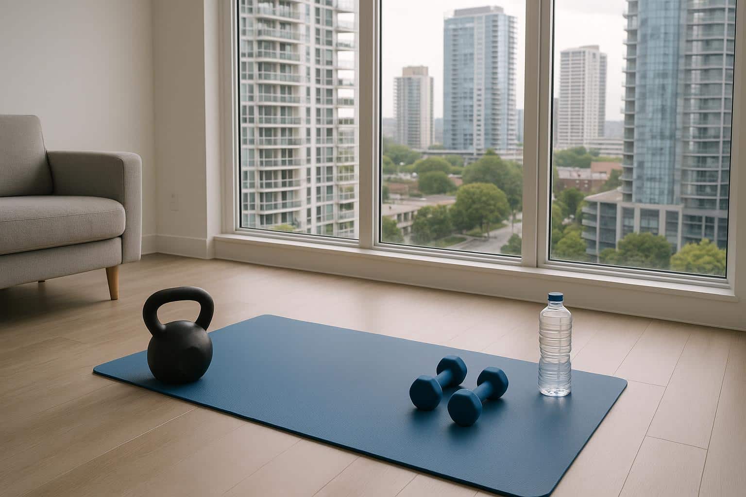 Condo-friendly home workout setup with yoga mat, resistance bands, and dumbbells on the floor