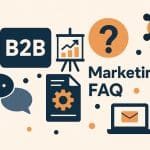 B2B marketing FAQs concept with digital icons, question marks, and business network elements