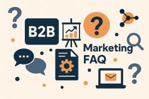 B2B marketing FAQs concept with digital icons, question marks, and business network elements