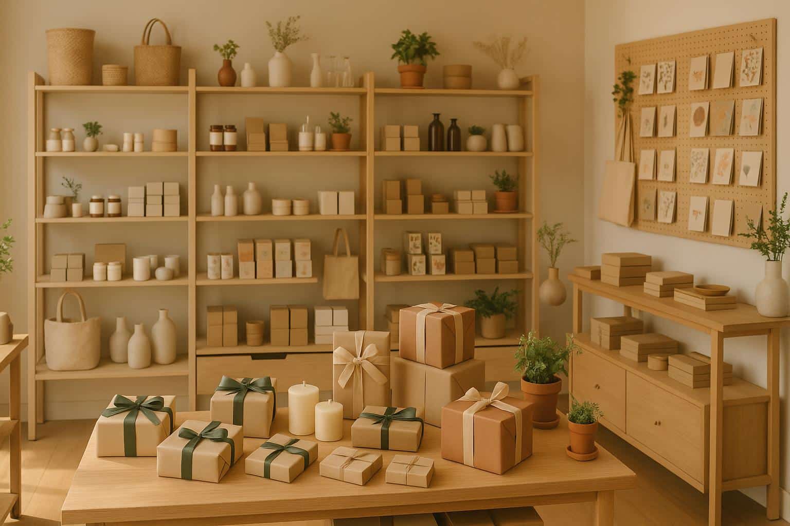 Colorful modern gift shop displays with curated gifts, packaging, and unique merchandise shelves