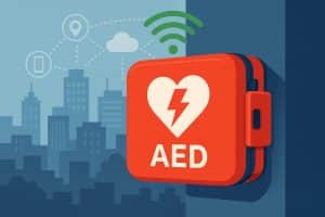 Smart AED device connected to mobile technology for faster emergency response in communities
