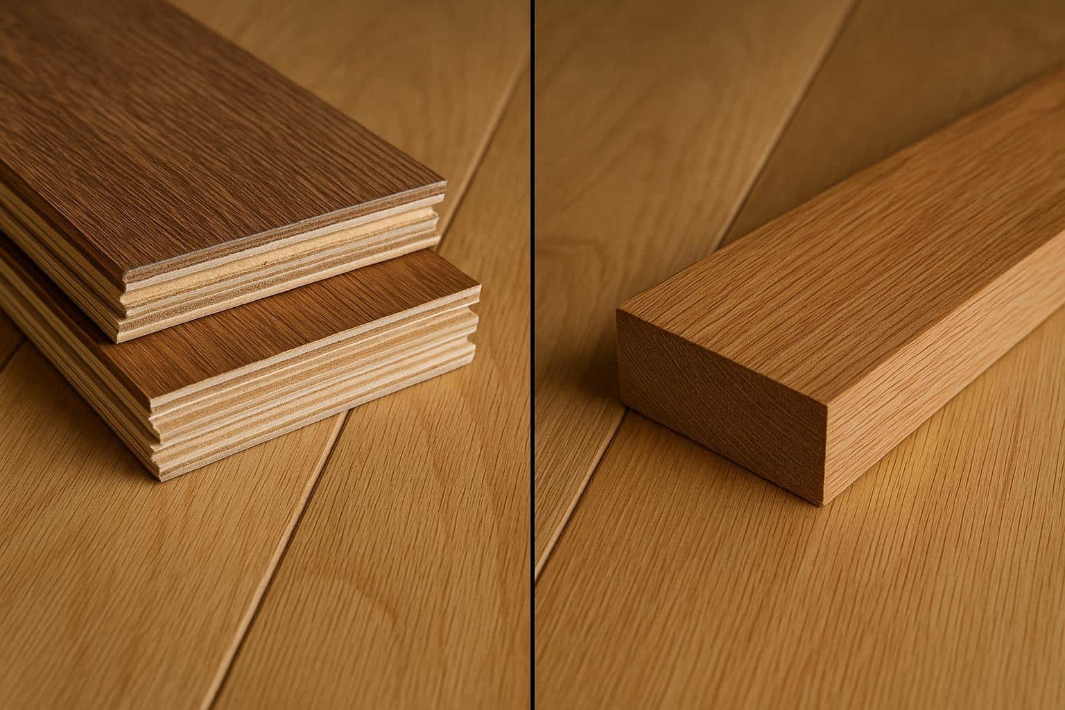 Close-up comparison of engineered hardwood and solid hardwood flooring in a modern home setting