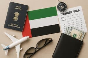 Burj Khalifa and Dubai skyline with airplane, highlighting UAE travel for Indian tourists