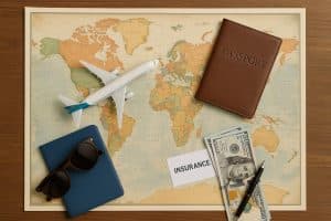 Travel insurance policy documents, passport, and map prepared for an international trip