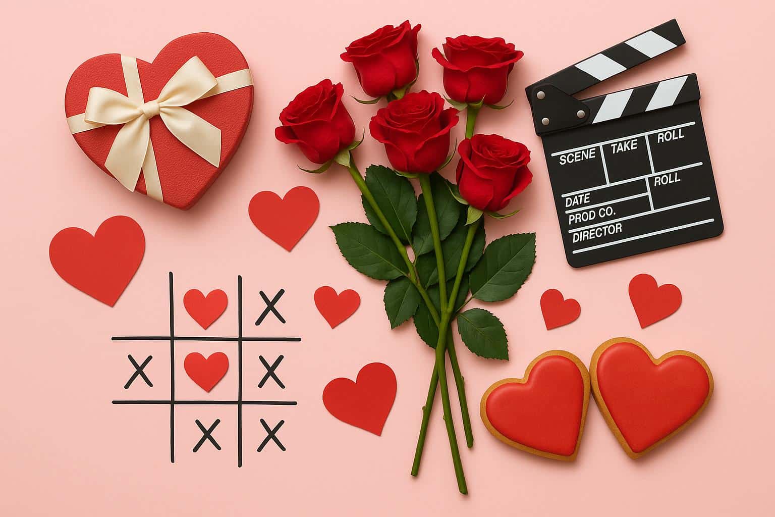 Romantic Valentine’s Day picnic setup with heart-shaped decorations and flowers on a table