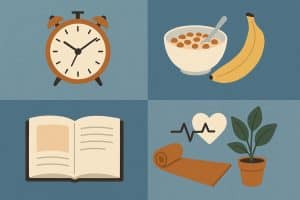 Morning yoga, healthy breakfast, and journaling illustrating daily routines for modern well-being