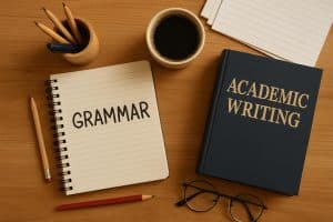Open grammar book, pen, and academic papers emphasizing proper grammar in academic writing