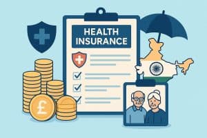 Health insurance options in India for UK NRIs with senior parents, policy documents and stethoscope