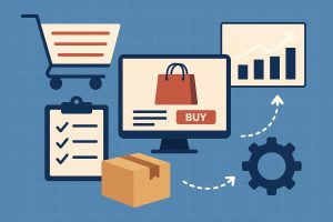 Warehouse shelves with packed boxes and shipping labels representing eCommerce fulfilment process