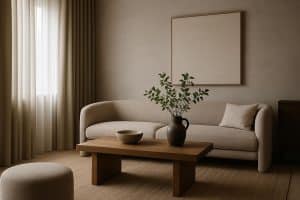 Minimalist living room with elegant furnishings reflecting quiet luxury and modern interior design