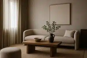 Minimalist living room with elegant furnishings reflecting quiet luxury and modern interior design