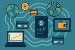 Global digital banking concepts with currency symbols and network connections illustrating finance