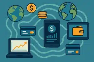 Global digital banking concepts with currency symbols and network connections illustrating finance