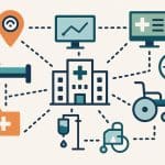 Hospital floor plan with RTLS tracking technology illustrating streamlined patient flow management