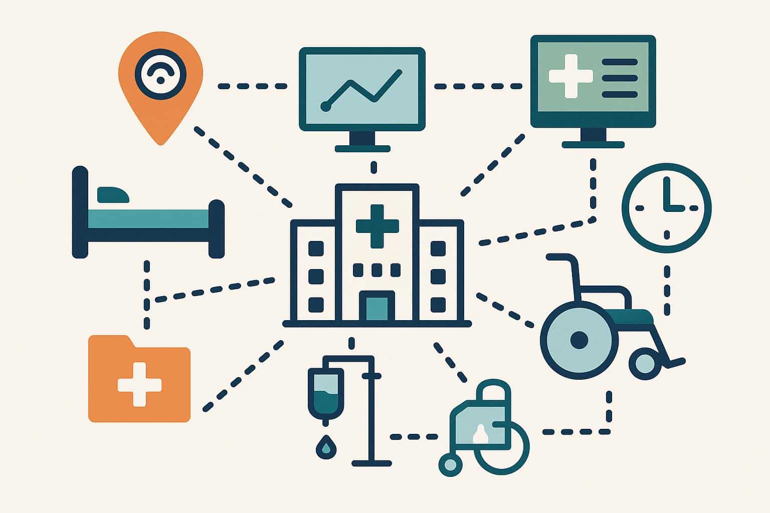 Hospital floor plan with RTLS tracking technology illustrating streamlined patient flow management