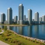 Aerial view of modern condos built on reclaimed waterfront land with city skyline in the background