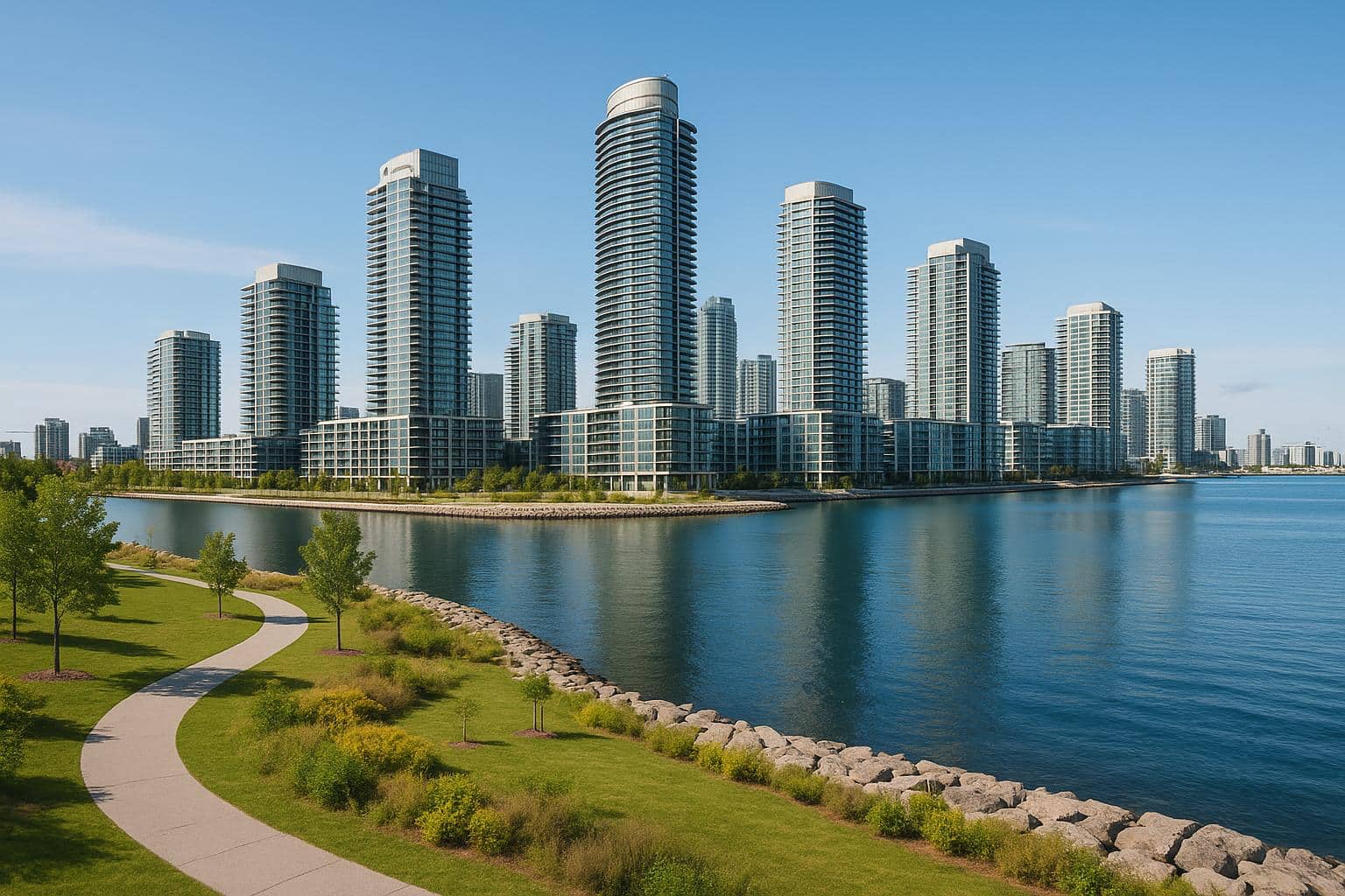 Aerial view of modern condos built on reclaimed waterfront land with city skyline in the background