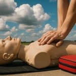 Hands practicing CPR chest compressions on a training mannequin in a classroom setting